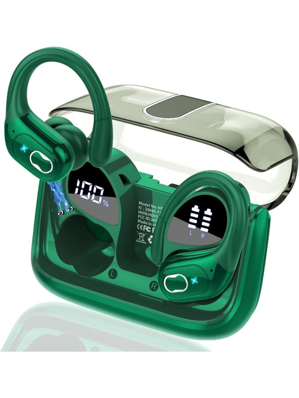 Wireless Dark Green Earbuds 75hrs Bluetooth Stereo Deep Bass Earhooks ENC Noise